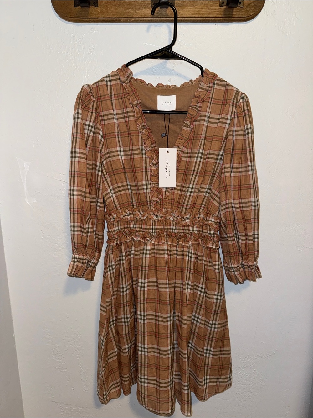 sundays Tan Plaid Ruffle-Waist Mini Dress
